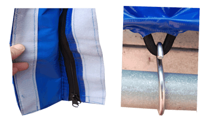 2 Images of the Velcro weather shield and the Bungee Hook tiedown systems